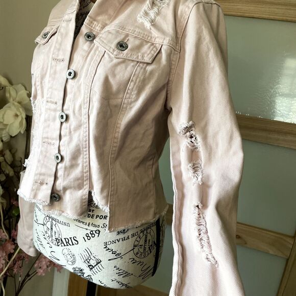 Cropped Denim Jacket Womens M Jessica Simpson Fitted Button Down Distressed - Picture 10 of 14